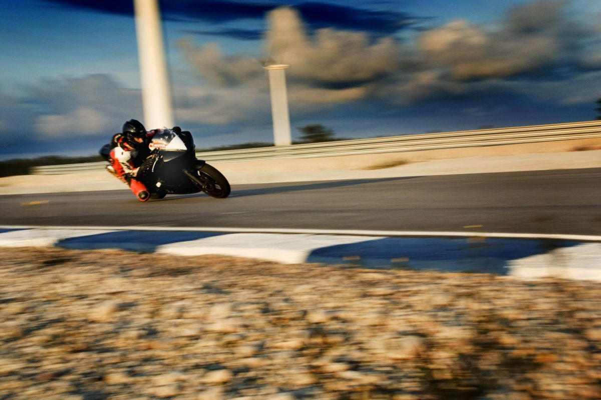 A black motorcycle in the race track